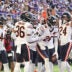 Nov 16, 2025; Minneapolis, Minnesota, USA; Chicago Bears cornerback Nahshon Wright (26) celebrates an interception with teammates during the second quarter against the Minnesota Vikings at U.S. Bank Stadium.