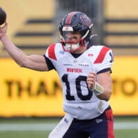 Nov 8, 2025; Hamilton, Ontario, Canada; Montreal Alouettes quarterback Davis Alexander (10) throws a pass against the Hamilton Tiger-Cats in the Eastern Final at Hamilton Stadium.