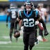 Dec 21, 2025; Charlotte, North Carolina, USA; Carolina Panthers safety Lathan Ransom (22) celebrates after an interception during the second half against the Tampa Bay Buccaneers at Bank of America Stadium.