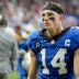 Dec 22, 2025; Indianapolis, Indiana, USA; Indianapolis Colts wide receiver Alec Pierce (14) leaves the field after losing a game against the San Francisco 49ers at Lucas Oil Stadium.