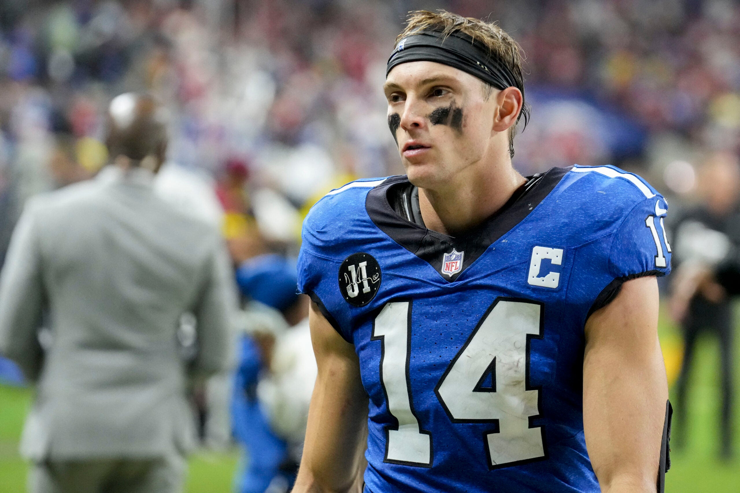 Dec 22, 2025; Indianapolis, Indiana, USA; Indianapolis Colts wide receiver Alec Pierce (14) leaves the field after losing a game against the San Francisco 49ers at Lucas Oil Stadium.