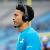 Dec 28, 2025; Charlotte, North Carolina, USA; Carolina Panthers quarterback Bryce Young (9) looks on during warmups before the game against the Seattle Seahawks at Bank of America Stadium.