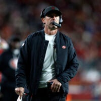 Dec 28, 2025; Santa Clara, California, USA; San Francisco 49ers head coach Kyle Shanahan looks on in the first half against the Chicago Bears at Levi's Stadium.