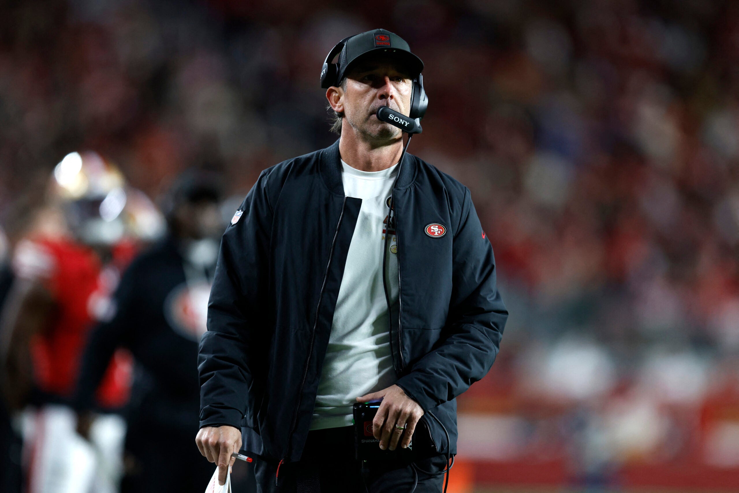 Dec 28, 2025; Santa Clara, California, USA; San Francisco 49ers head coach Kyle Shanahan looks on in the first half against the Chicago Bears at Levi's Stadium.