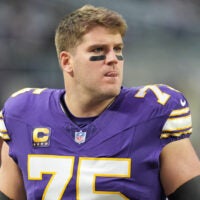 Jan 4, 2026; Minneapolis, Minnesota, USA; Minnesota Vikings offensive tackle Brian O'Neill (75) warms up prior to the game against the Green Bay Packers at U.S. Bank Stadium.