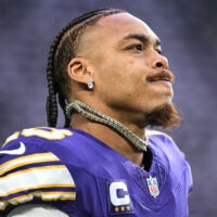 Jan 4, 2026; Minneapolis, Minnesota, USA; Minnesota Vikings wide receiver Justin Jefferson (18) warms up prior to the game against the Green Bay Packers at U.S. Bank Stadium.