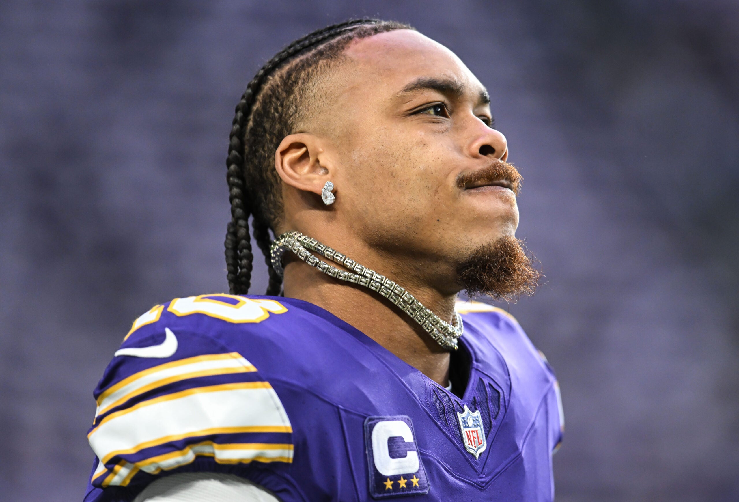 Jan 4, 2026; Minneapolis, Minnesota, USA; Minnesota Vikings wide receiver Justin Jefferson (18) warms up prior to the game against the Green Bay Packers at U.S. Bank Stadium.