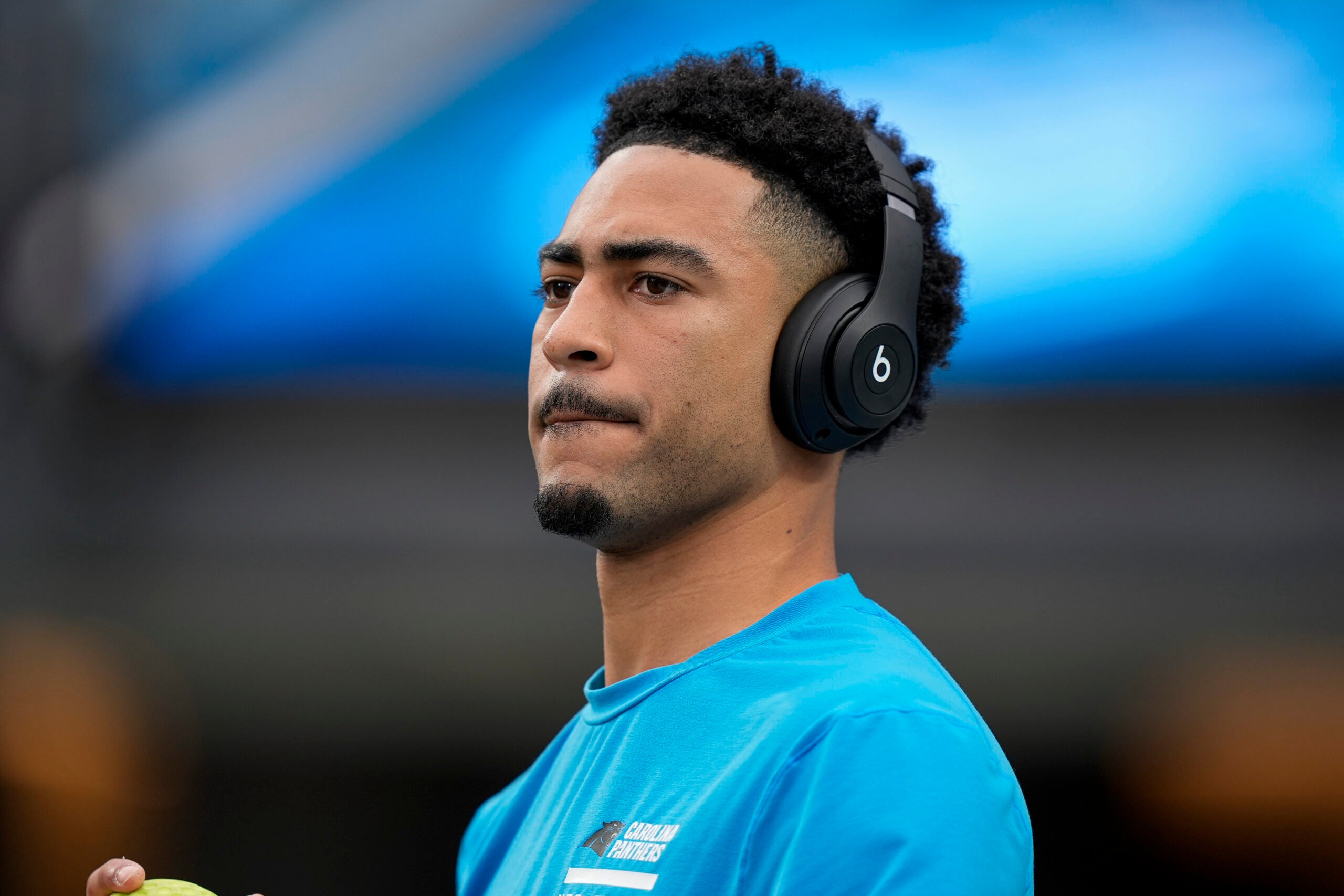 Jan 10, 2026; Charlotte, NC, USA; Carolina Panthers quarterback Bryce Young (9) during pregame warm ups before the NFC Wild Card Round game between the Carolina Panthers and the Los Angeles Rams at Bank of America Stadium.