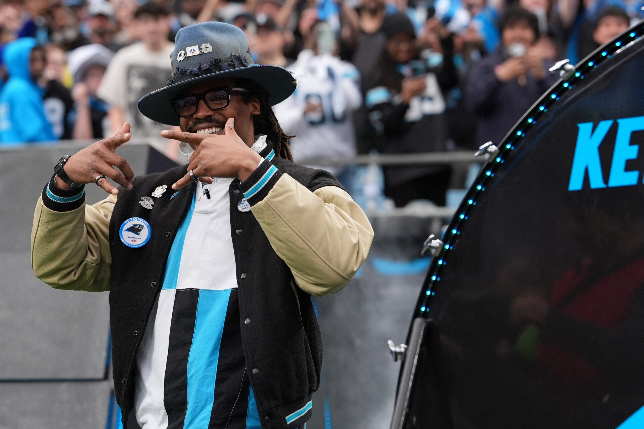 Jan 10, 2026; Charlotte, NC, USA; Former Carolina Panthers Cam Newton in the first half during the NFC Wild Card Round game at Bank of America Stadium.