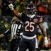 Jan 10, 2026; Chicago, IL, USA; Chicago Bears running back Kyle Monangai (25) reacts after a first down carry against the Green Bay Packers during the first half of an NFC Wild Card Round game at Soldier Field.