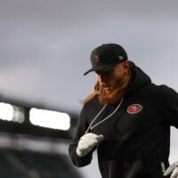 Jan 11, 2026; Philadelphia, PA, USA; San Francisco 49ers tight end George Kittle (85) warms up prior to an NFC Wild Card Round game against the Philadelphia Eagles at Lincoln Financial Field.