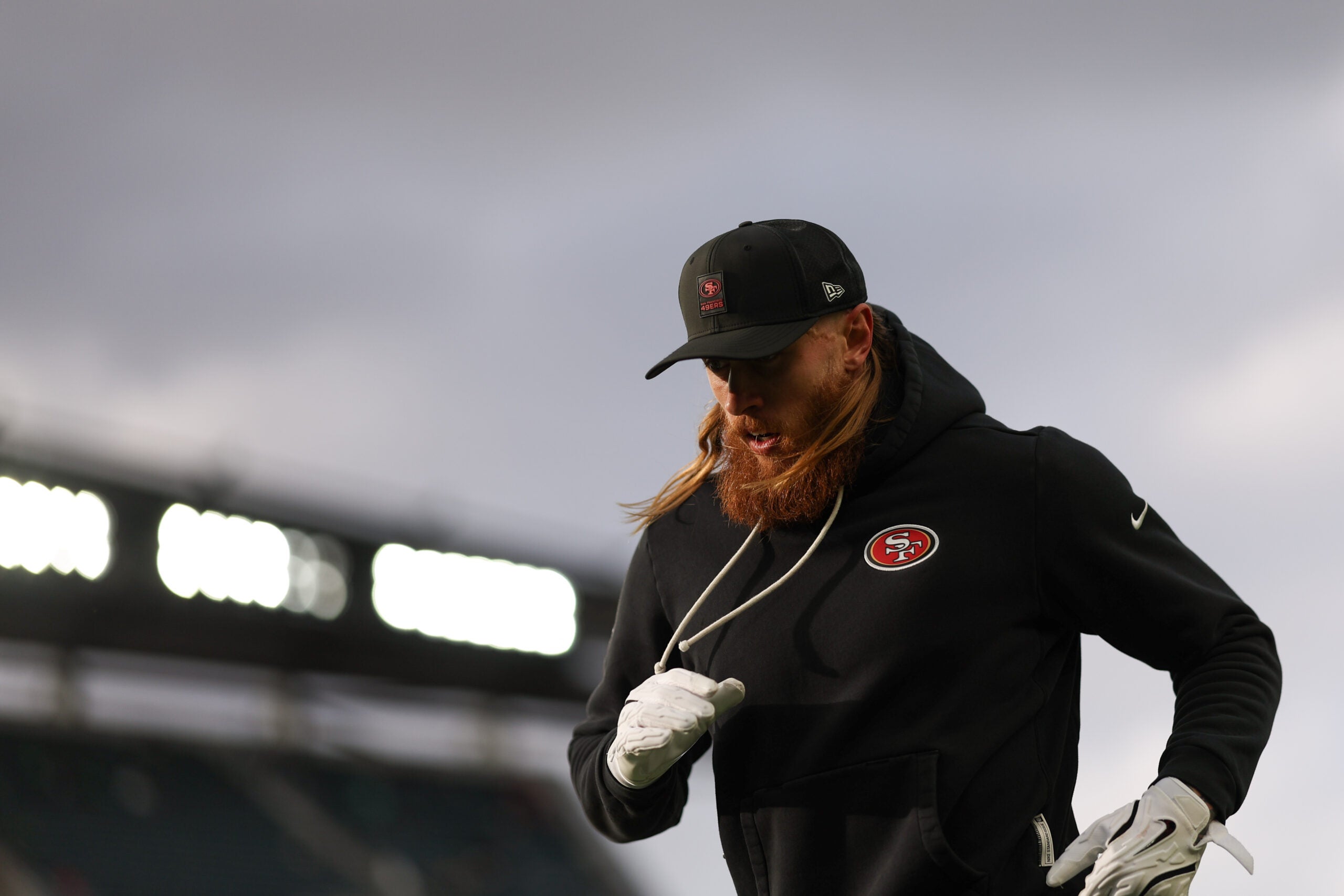 Jan 11, 2026; Philadelphia, PA, USA; San Francisco 49ers tight end George Kittle (85) warms up prior to an NFC Wild Card Round game against the Philadelphia Eagles at Lincoln Financial Field.