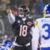 Jan 18, 2026; Chicago, IL, USA; Chicago Bears quarterback Caleb Williams (18) calls the snap count at the line of scrimmage against the Los Angeles Rams during the first quarter of an NFC Divisional Round game at Soldier Field.