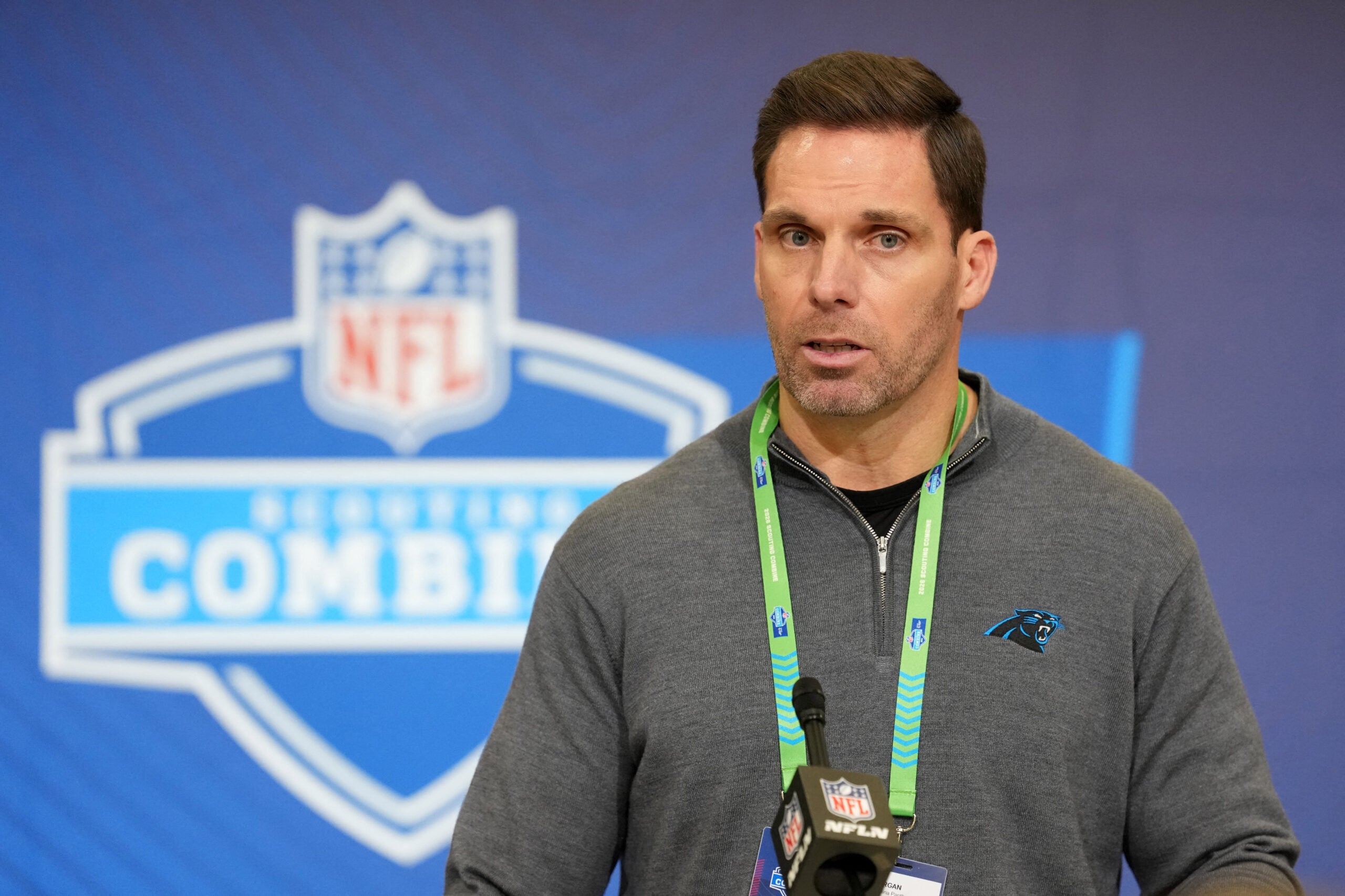 Feb 24, 2026; Indianapolis, IN, USA; Carolina Panthers general manager Dan Morgan speaks at the NFL Scouting Combine at the Indiana Convention Center.