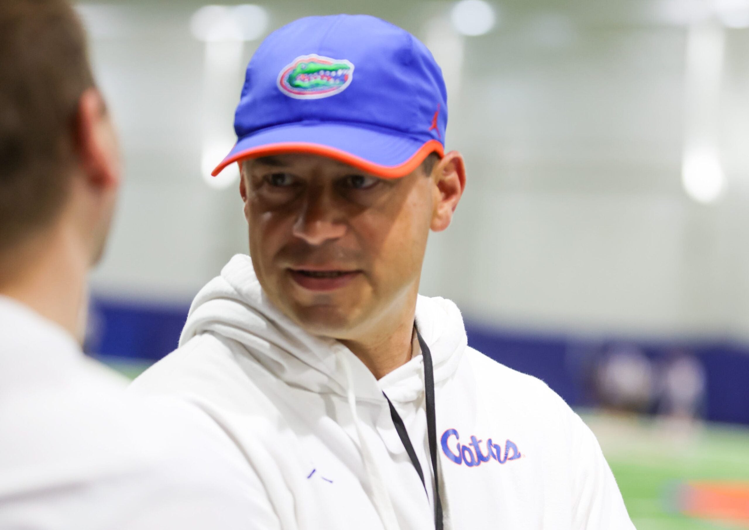 Florida head coach Jon Sumrall talks on the sideline during spring practice at Sanders Practice Fields in Gainesville, FL on Tuesday, April 7, 2026.