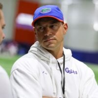 Florida head coach Jon Sumrall talks on the sideline during spring practice at Sanders Practice Fields in Gainesville, FL on Tuesday, April 7, 2026.