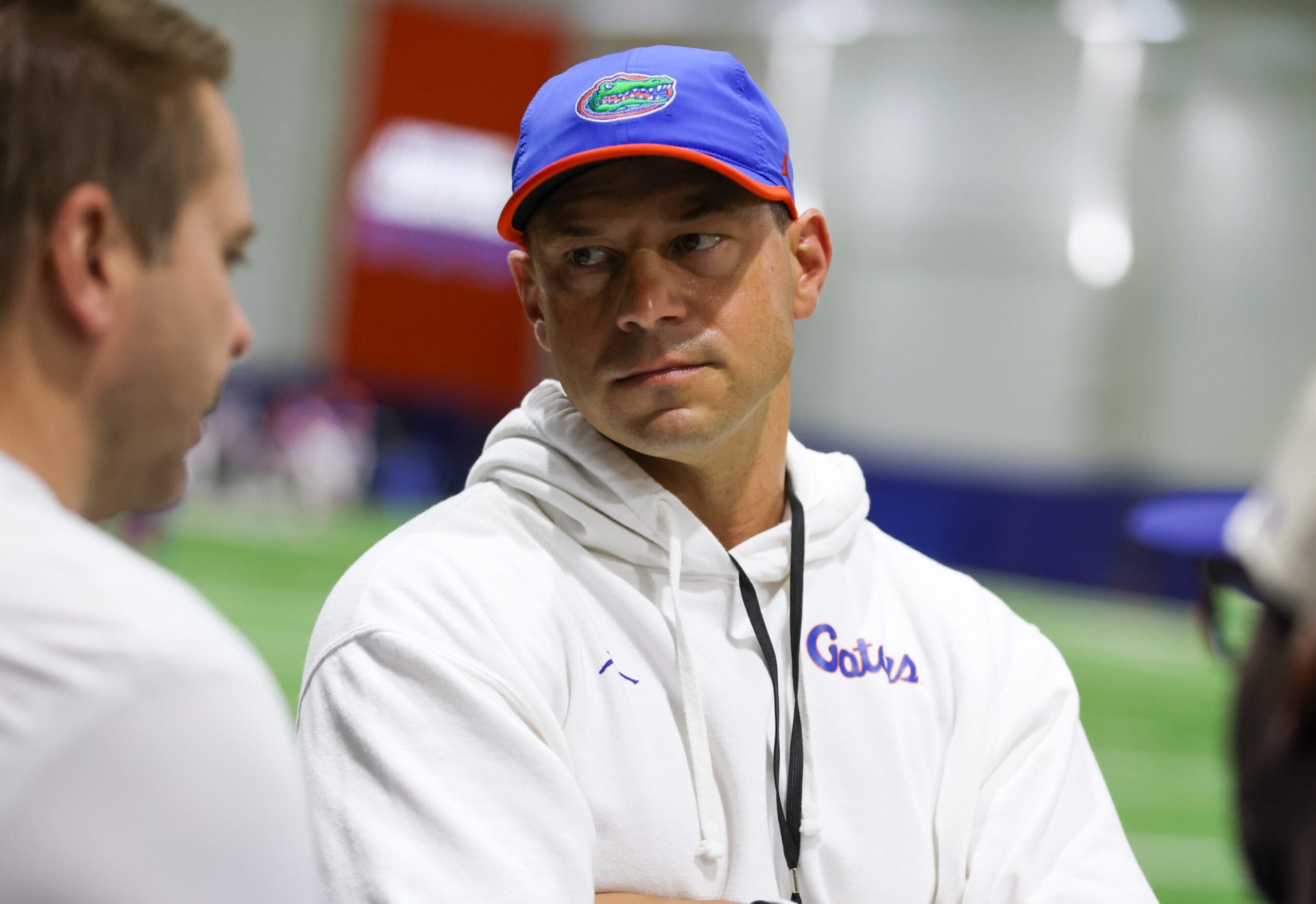 Florida head coach Jon Sumrall talks on the sideline during spring practice at Sanders Practice Fields in Gainesville, FL on Tuesday, April 7, 2026.