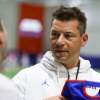 Florida head coach Jon Sumrall talks on the sideline during spring practice at Sanders Practice Fields in Gainesville, FL on Tuesday, April 7, 2026.