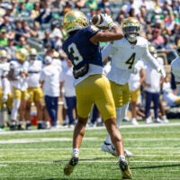Apr 25, 2026; Notre Dame, IN, USA; Notre Dame Fighting Irish wide receiver Mylan Graham (3) makes a catch during the Blue-Gold game at Notre Dame Stadium.