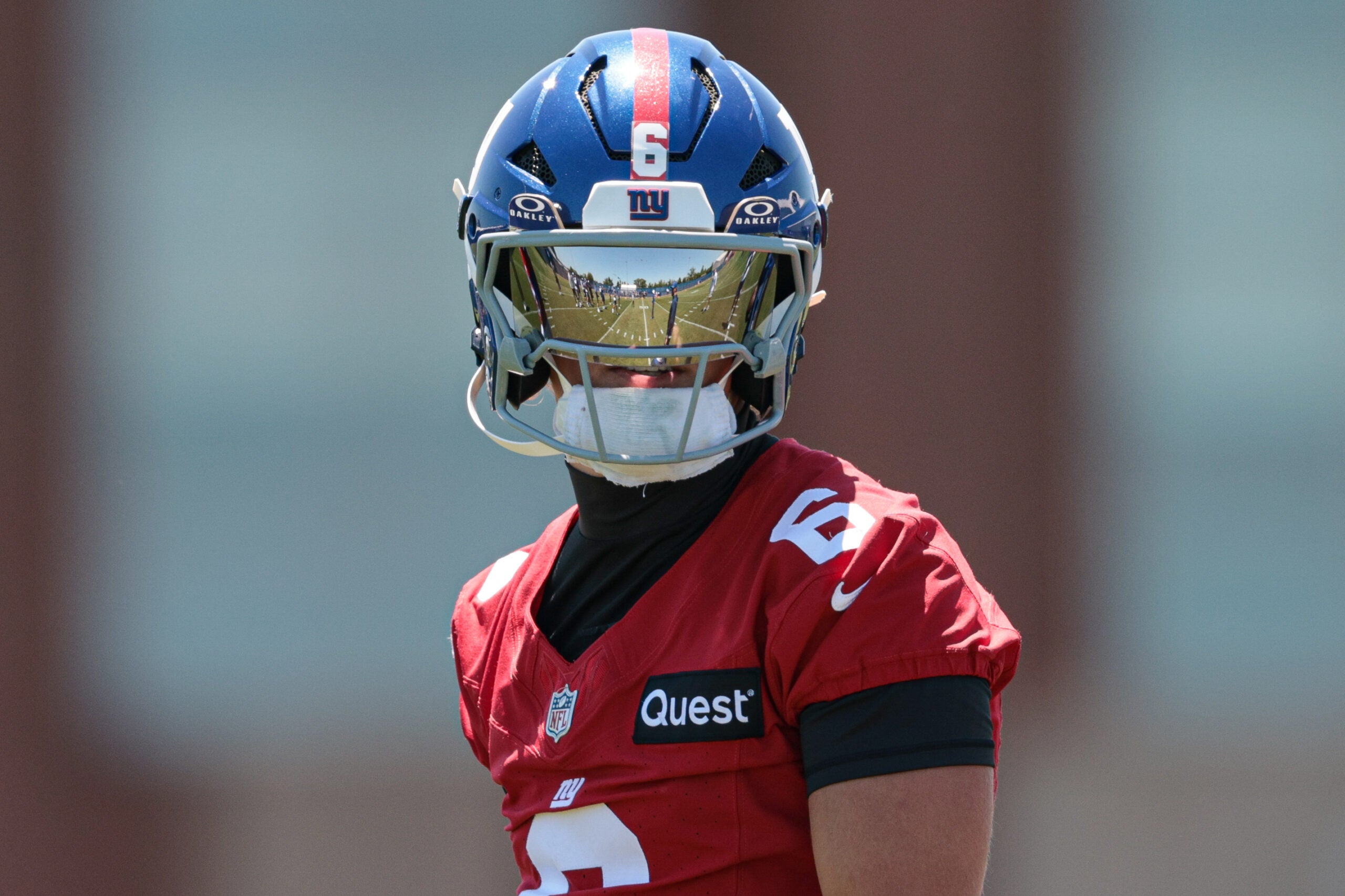 Jun 3, 2026; East Rutherford, NJ, USA; New York Giants quarterback Jaxson Dart (6) throws the ball during organized team activities at Quest Diagnostics Training Center.