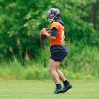 Jun 9, 2026; Lake Forest, IL, USA; Chicago Bears quarterback Caleb Williams (18) looks to pass the ball during Chicago Bears Minicamp at Halas Hall.