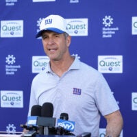 Jun 9, 2026; East Rutherford, NJ, USA; New York Giants head coach John Harbaugh answers questions from the press after the minicamp activities at Quest Diagnostics Center.