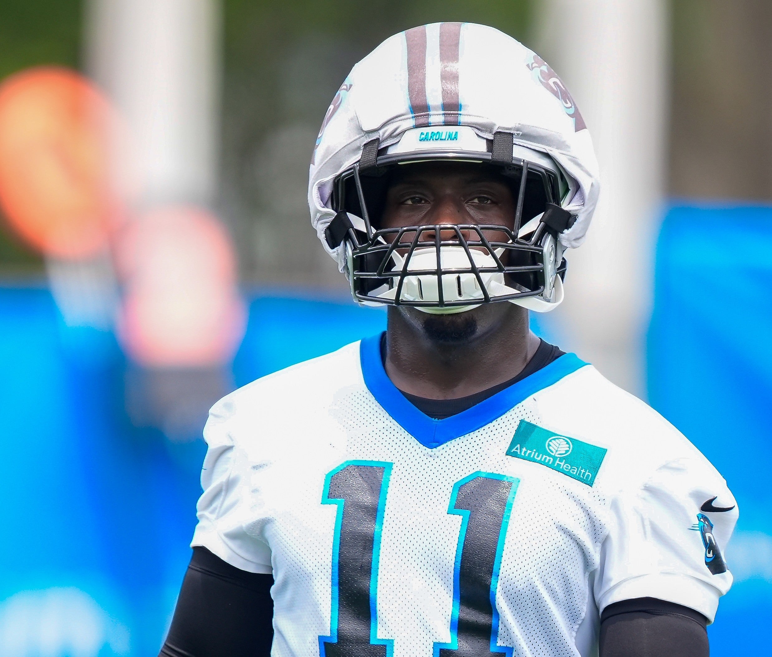 Jun 9, 2026; Charlotte, NC, USA; Carolina Panthers linebacker Nic Scourton (11) during the first day of mini camp at Bank of America Stadium practice facility.