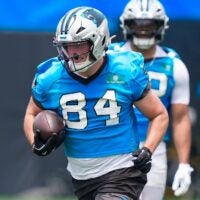 Jun 9, 2026; Charlotte, NC, USA; Carolina Panthers tight end Mitchell Evans (84) makes a catch during the first day of mini camp at Bank of America Stadium practice facility.
