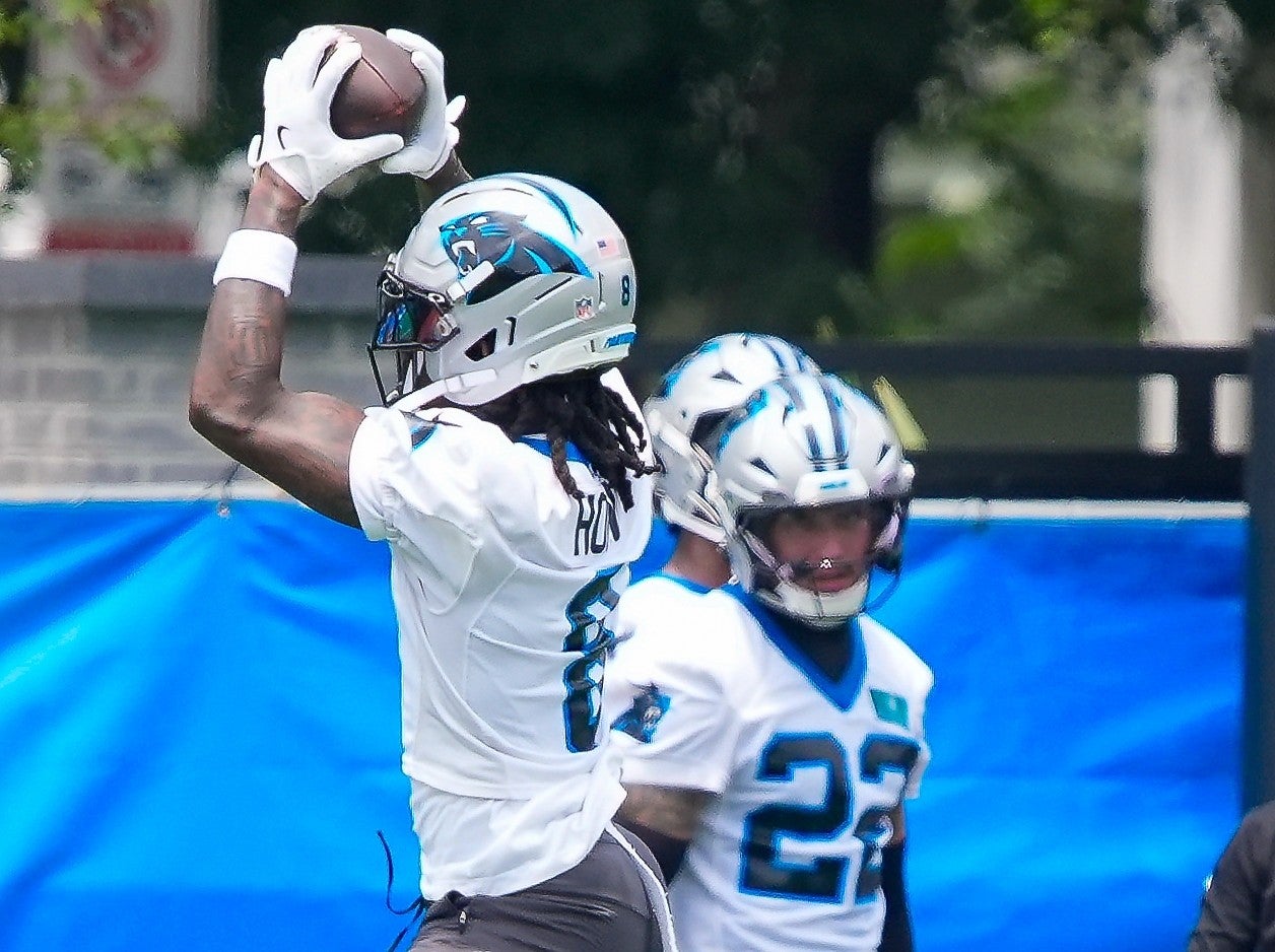 Jun 9, 2026; Charlotte, NC, USA; Carolina Panthers cornerback Jaycee Horn (8) goes up for a catch during the first day of mini camp at Bank of America Stadium practice facility.
