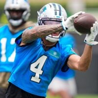 Jun 9, 2026; Charlotte, NC, USA; Carolina Panthers wide receiver Tetairoa McMillan (4) makes the catch during the first day of mini camp at Bank of America Stadium practice facility.