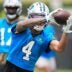 Jun 9, 2026; Charlotte, NC, USA; Carolina Panthers wide receiver Tetairoa McMillan (4) makes the catch during the first day of mini camp at Bank of America Stadium practice facility.