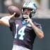 Jun 9, 2026; Charlotte, NC, USA; Carolina Panthers quarterback Will Grier (14) throws during the first day of mini camp at Bank of America Stadium practice facility.
