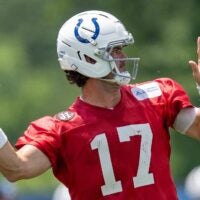Indianapolis Colts quarterback Daniel Jones (17) throws Wednesday, June 10, 2026, during minicamp at Indiana Farm Bureau Football Center in Indianapolis.
