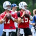 Jun 10, 2026; Indianapolis, IN, USA; Indianapolis Colts quarterback Daniel Jones (17) and Indianapolis Colts quarterback Riley Leonard (15) participate in a drill during minicamp at Indiana Farm Bureau Football Center.