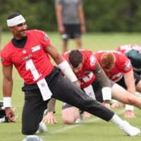 Jun 10, 2026; Philadelphia, PA, USA; Philadelphia Eagles quarterback Jalen Hurts (1) stretches during minicamp at Jefferson Health Training Complex.