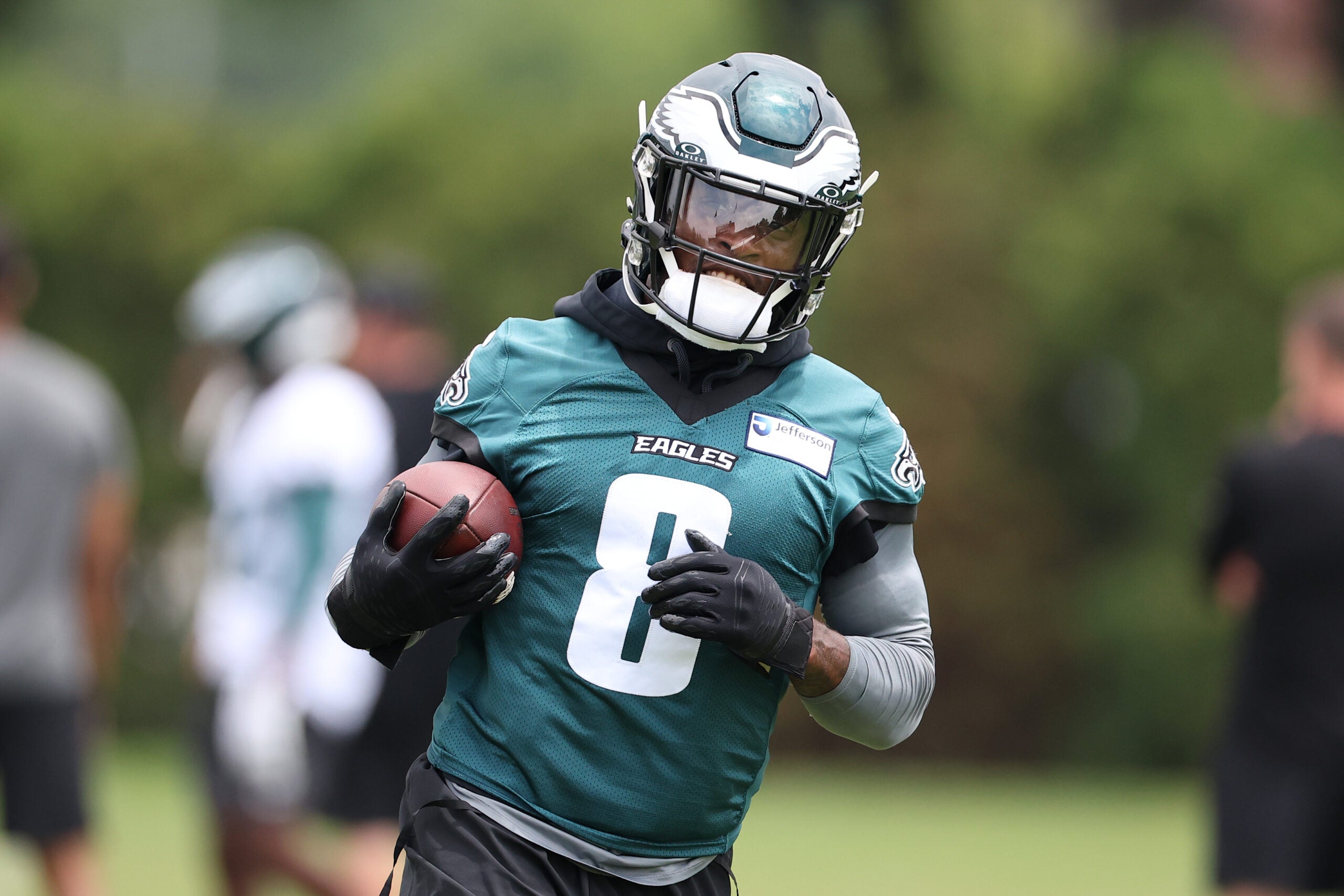 Jun 10, 2026; Philadelphia, PA, USA; Philadelphia Eagles running back Tank Bigsby (8) during minicamp at Jefferson Health Training Complex.