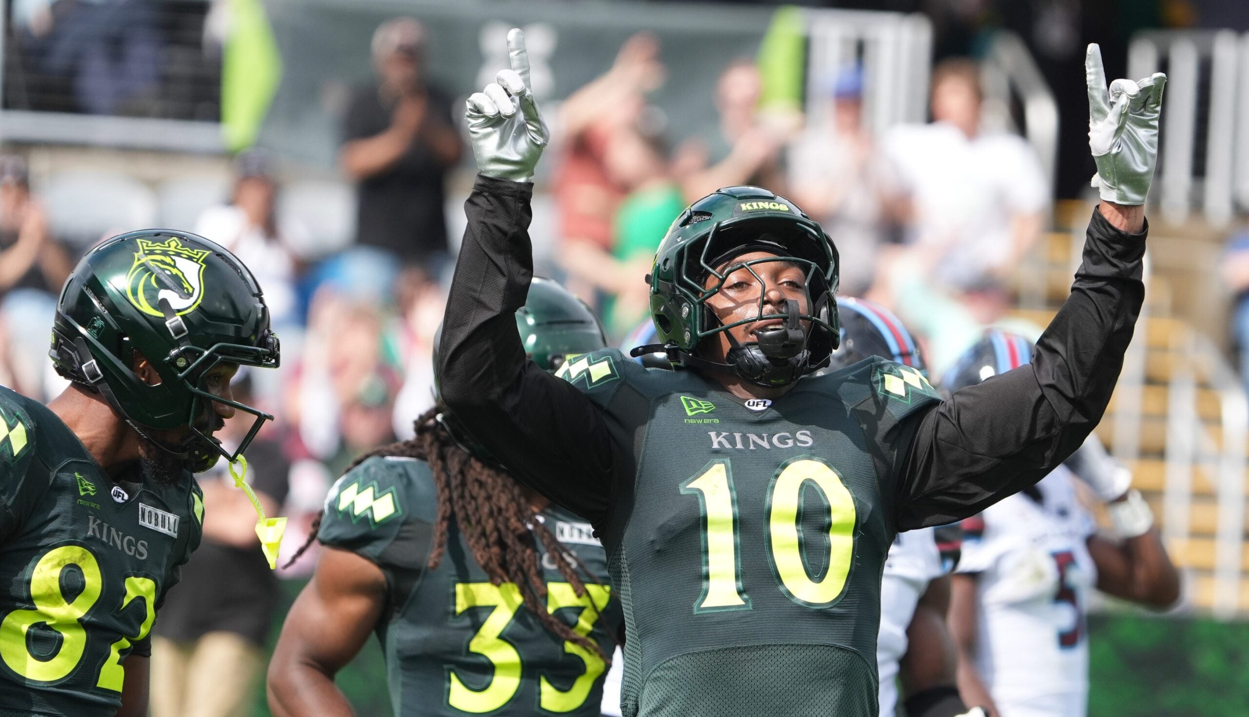 Louisville’s Kaden Prather (10) was first ruled a touchdown but it was taking away saying he was down within the 1 yard line against the Dallas Renegades at Lynn Family Stadium. May 24, 2026
