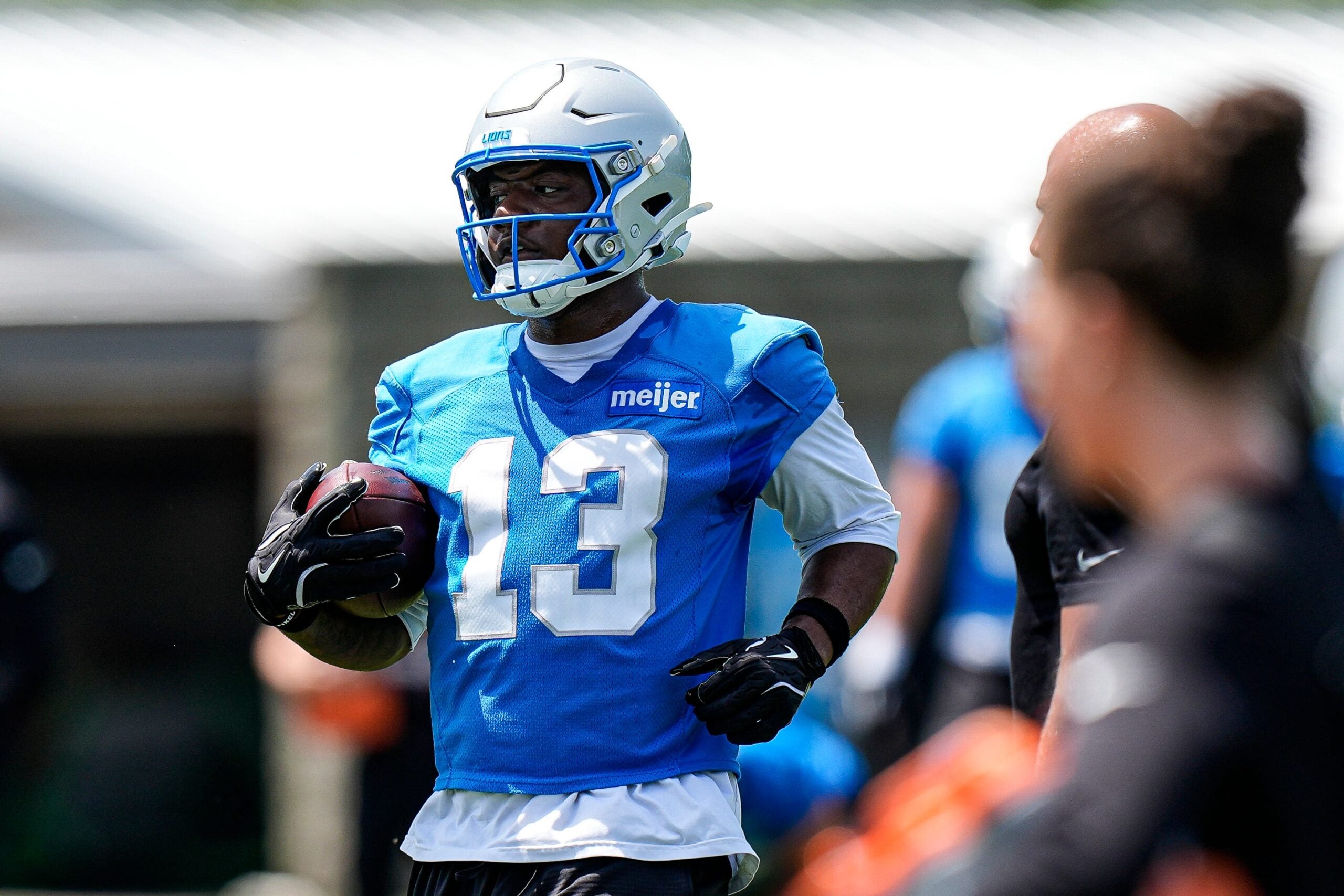Detroit Lions wide receiver Jackson Meeks (12) practices during OTAs at Meijer Performance Center in Allen Park on Thursday, June 11, 2026.