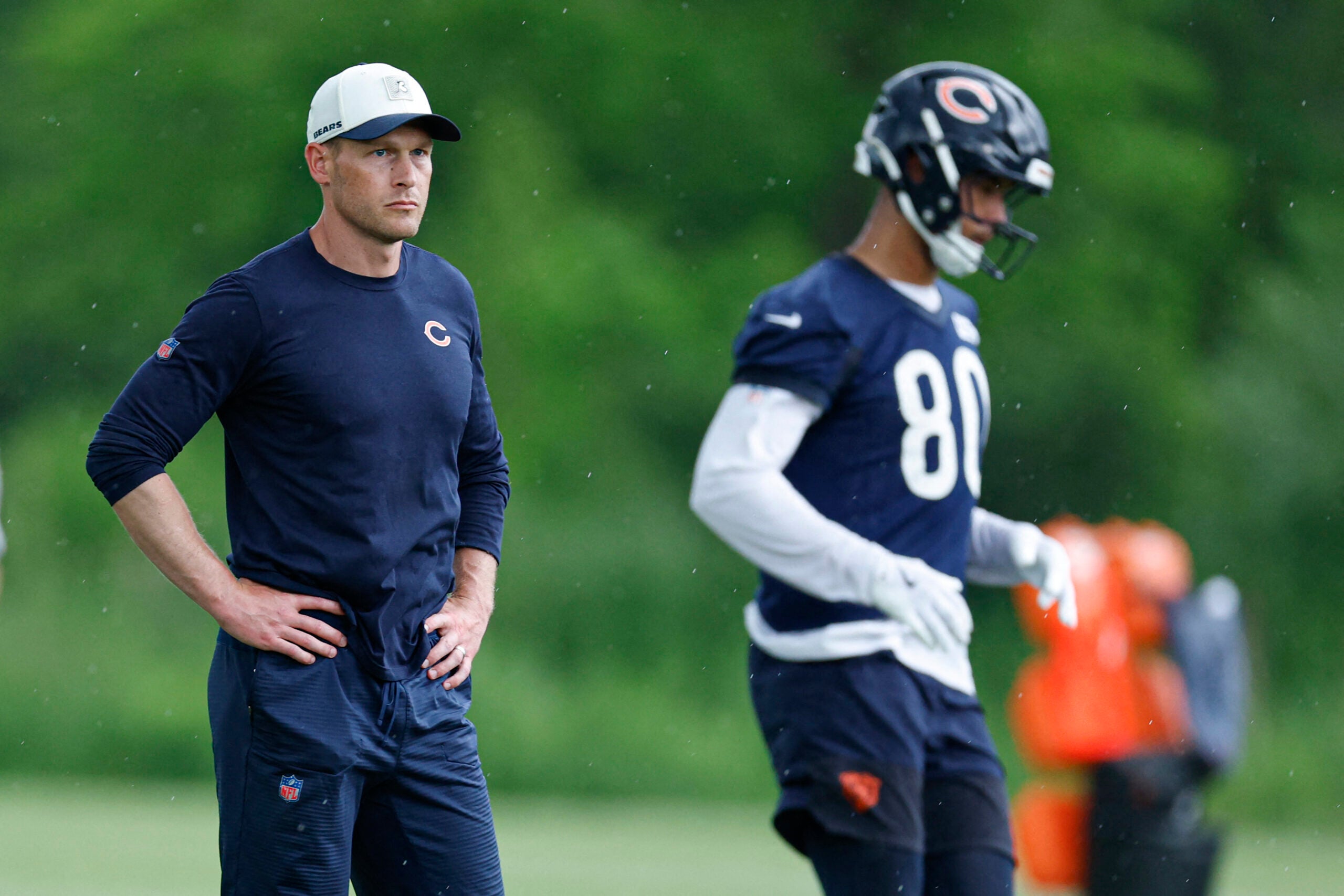 Jun 11, 2026; Lake Forest, IL, USA; Chicago Bears head coach Ben Johnson looks on during Minicamp at Halas Hall.