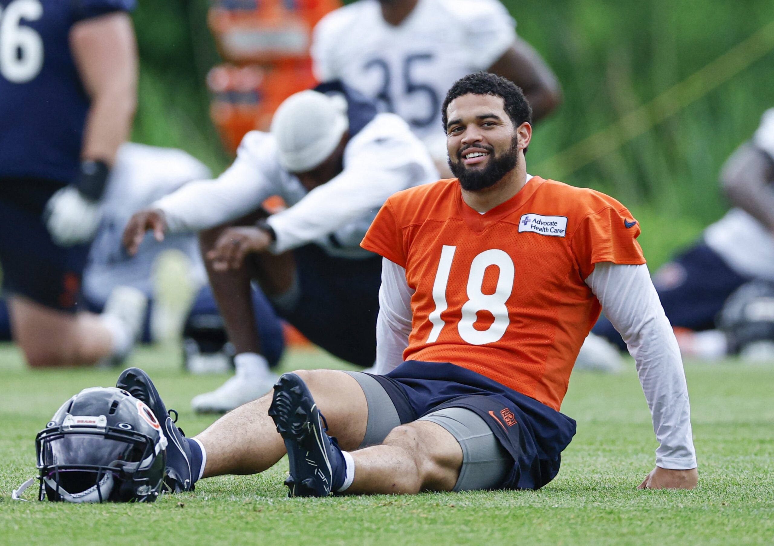 Jun 11, 2026; Lake Forest, IL, USA; Chicago Bears quarterback Caleb Williams (18) smiles during Minicamp at Halas Hall.