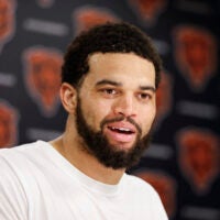 Jun 11, 2026; Lake Forest, IL, USA; Chicago Bears quarterback Caleb Williams (18) speaks during Minicamp at Halas Hall.