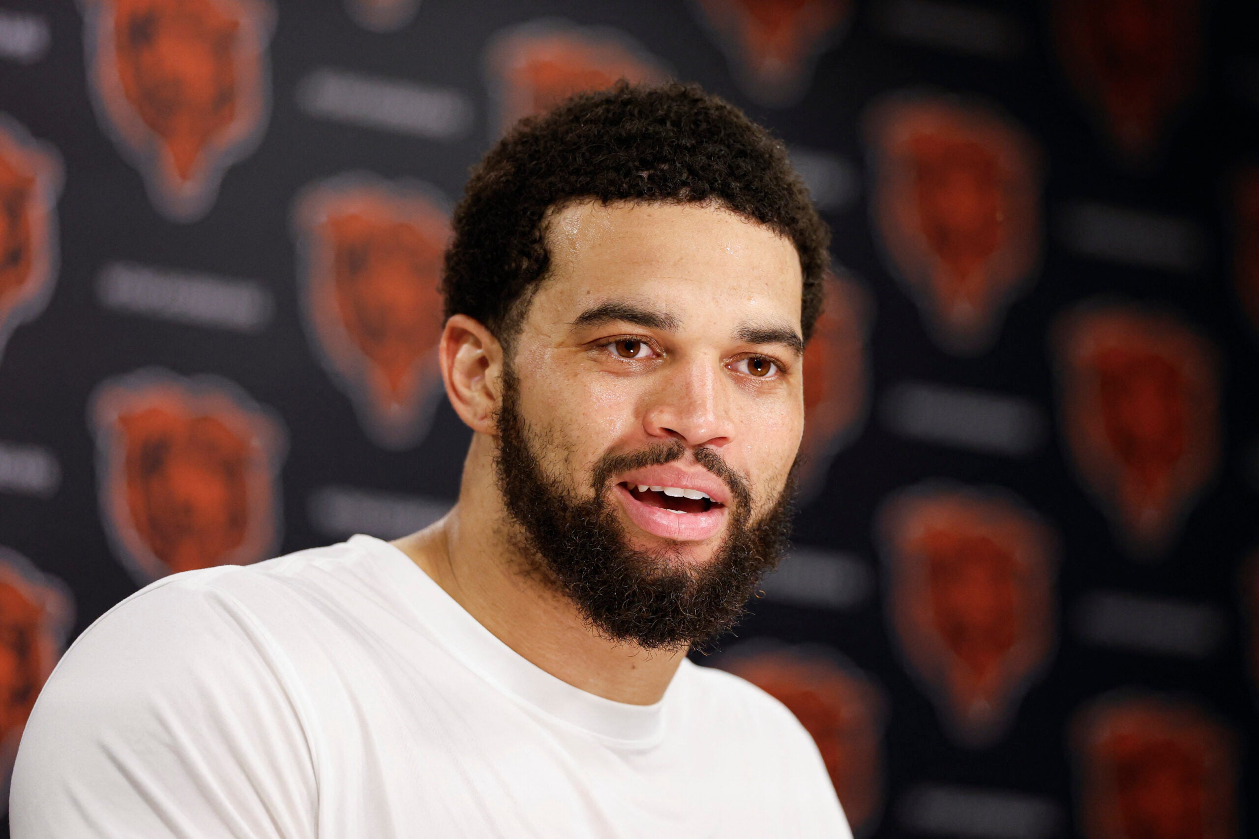 Jun 11, 2026; Lake Forest, IL, USA; Chicago Bears quarterback Caleb Williams (18) speaks during Minicamp at Halas Hall.