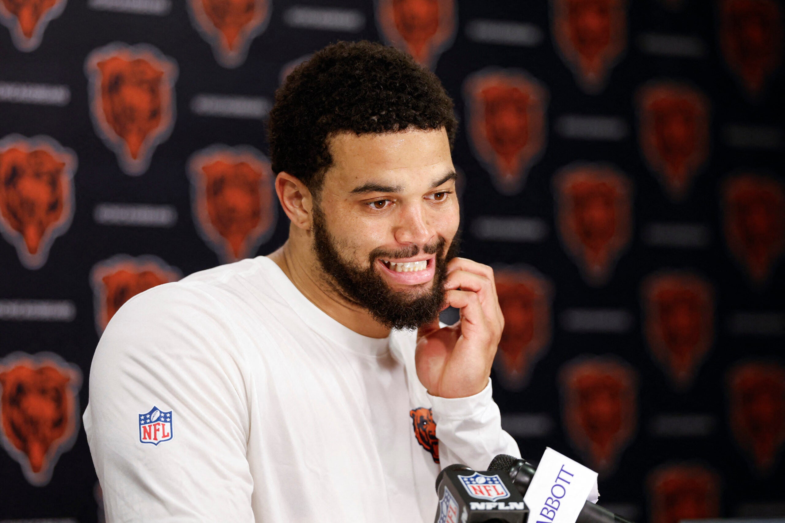 Jun 11, 2026; Lake Forest, IL, USA; Chicago Bears quarterback Caleb Williams (18) speaks during Minicamp at Halas Hall.
