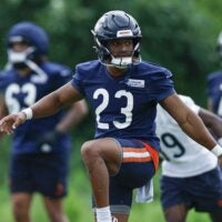 Jun 11, 2026; Lake Forest, IL, USA; Chicago Bears running back Roschon Johnson (23) warms up during Minicamp at Halas Hall.