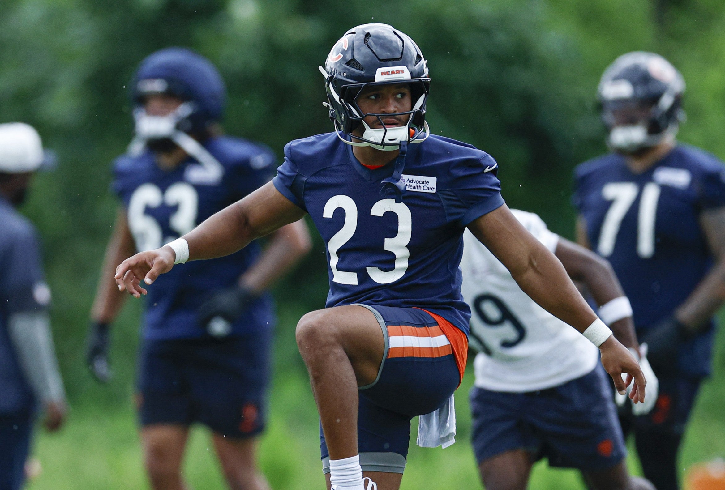 Jun 11, 2026; Lake Forest, IL, USA; Chicago Bears running back Roschon Johnson (23) warms up during Minicamp at Halas Hall.
