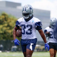 Jun 16, 2026; Dallas, TX, USA; Dallas Cowboys running back Javonte Williams (33) goes through a drill during practice at the Ford Center at the Star Training Facility in Frisco, Texas.