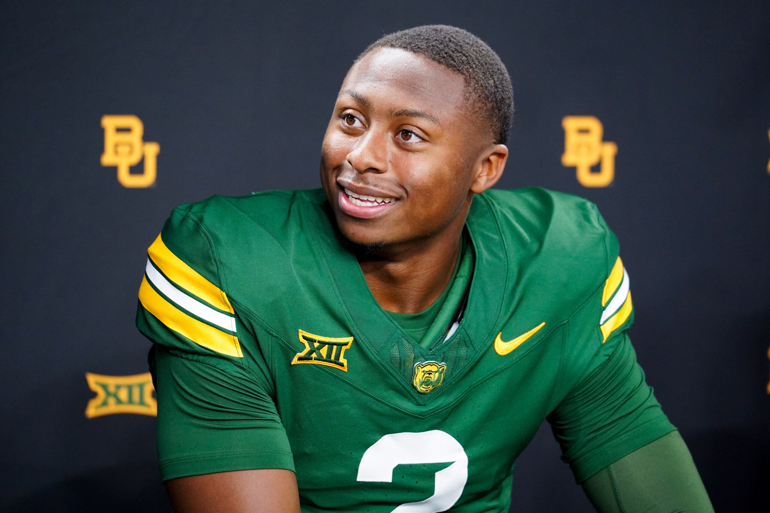 Jul 7, 2026; Frisco, TX, USA; Baylor quarterback DJ Lagway takes questions from reporters during Big 12 Conference Football Media Days at The Star.