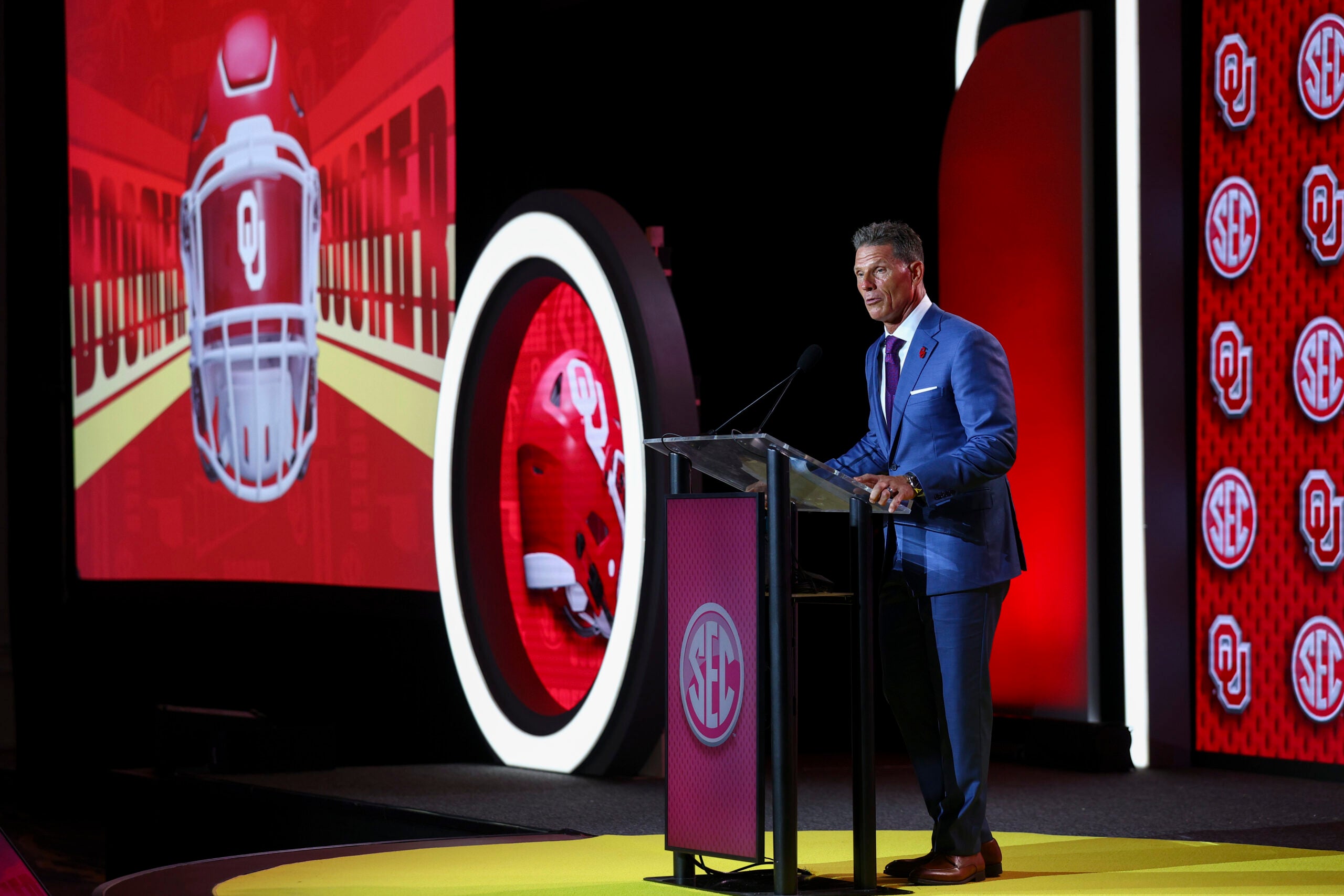 Oklahoma Sooners head coach Brent Venables 2026 SEC Media Days true freshman wide receiver Zizi Okwufulueze
