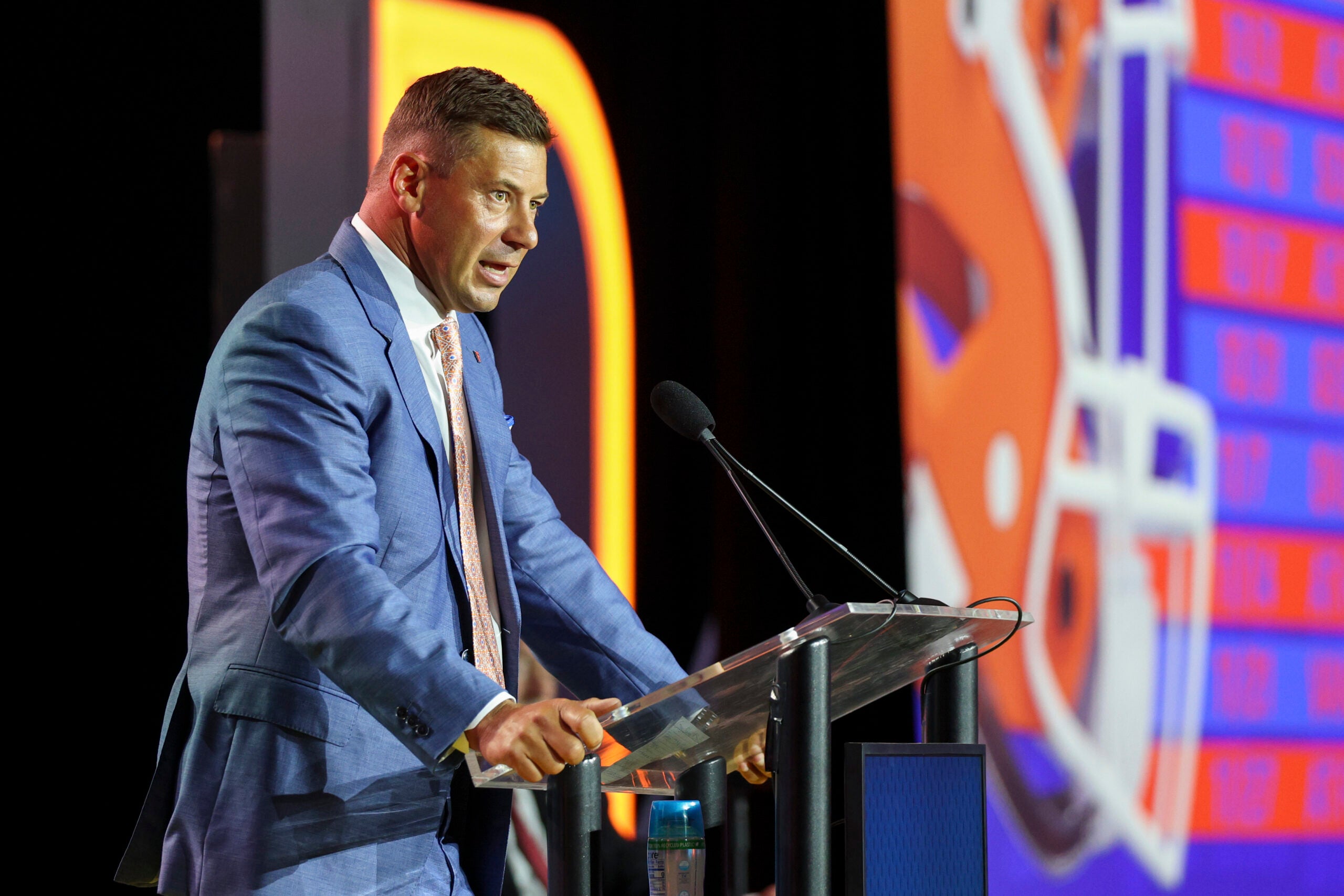 Jul 22, 2026; Tampa, FL, USA; Florida Gators head coach Jon Sumrall speaks to the press during SEC Football Kickoff Media Day at the Tampa Marriott.