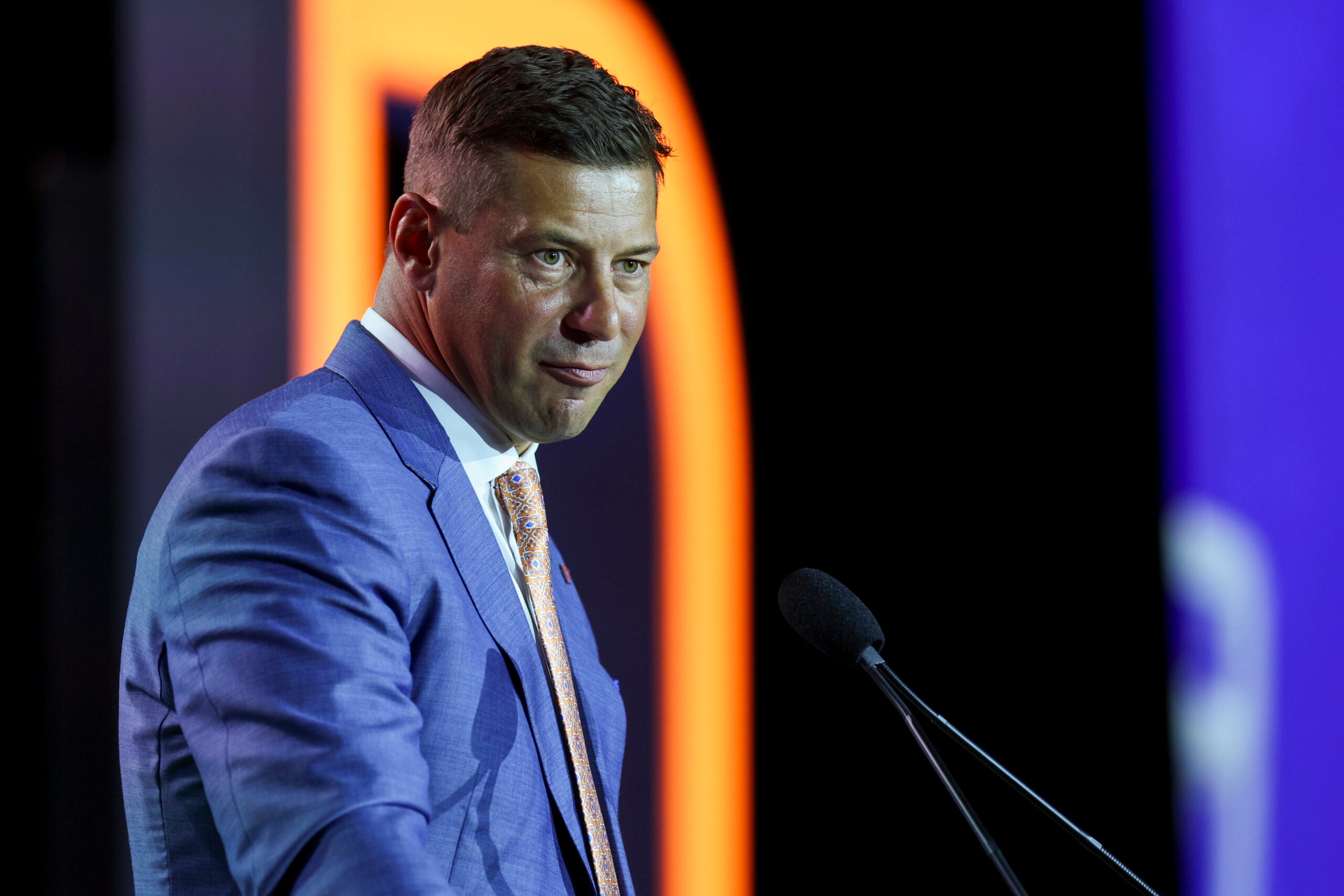 Jul 22, 2026; Tampa, FL, USA; Florida Gators head coach Jon Sumrall speaks to the press during SEC Football Kickoff Media Day at the Tampa Marriott.